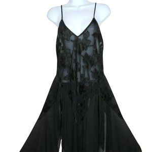 Vintage Sheer Chiffon Brocade Slip Nightgown M Black Sweeping Sheer Slit Panels